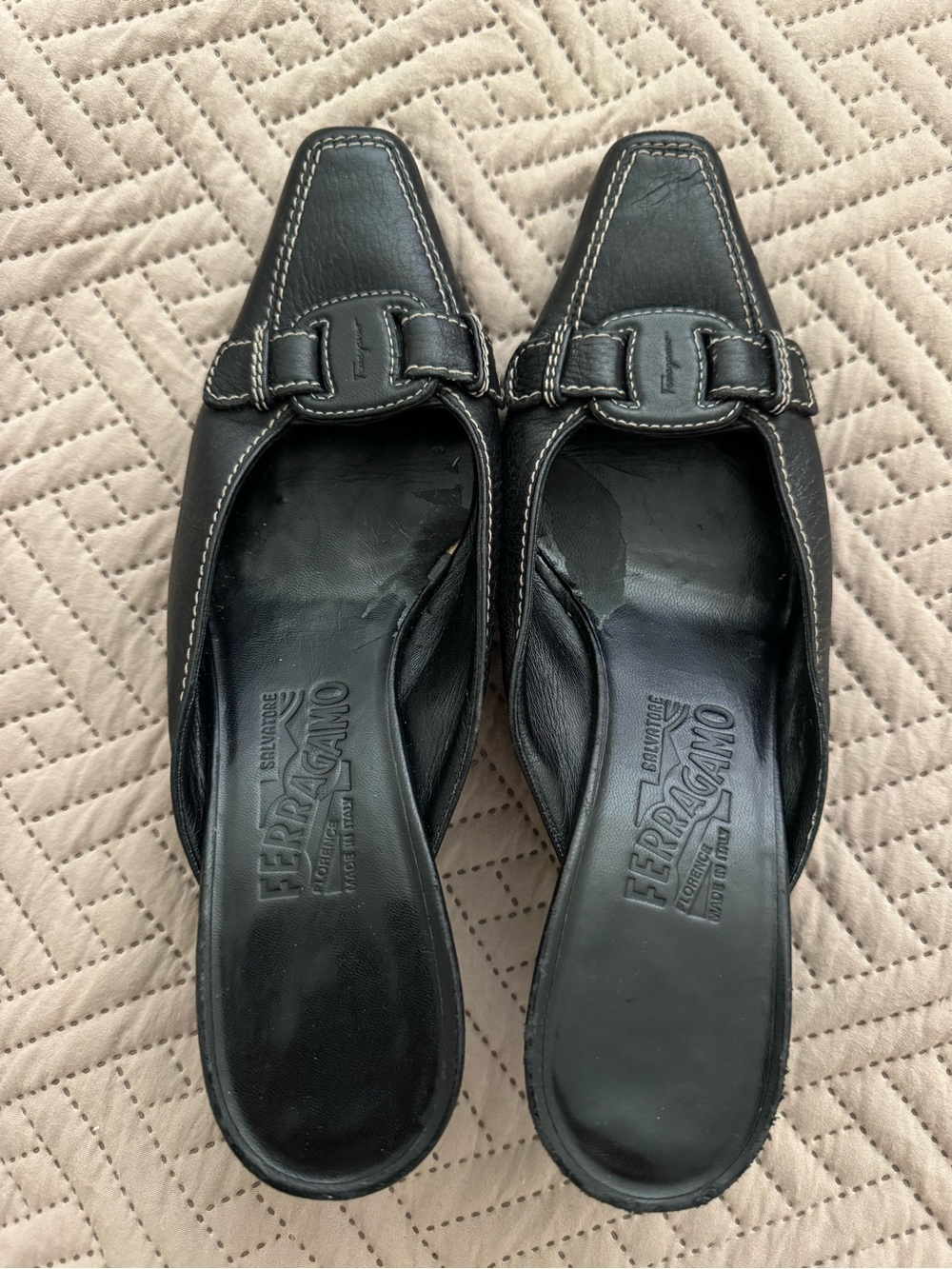 Salvatore Ferragamo Black Leather Slip-On Mules